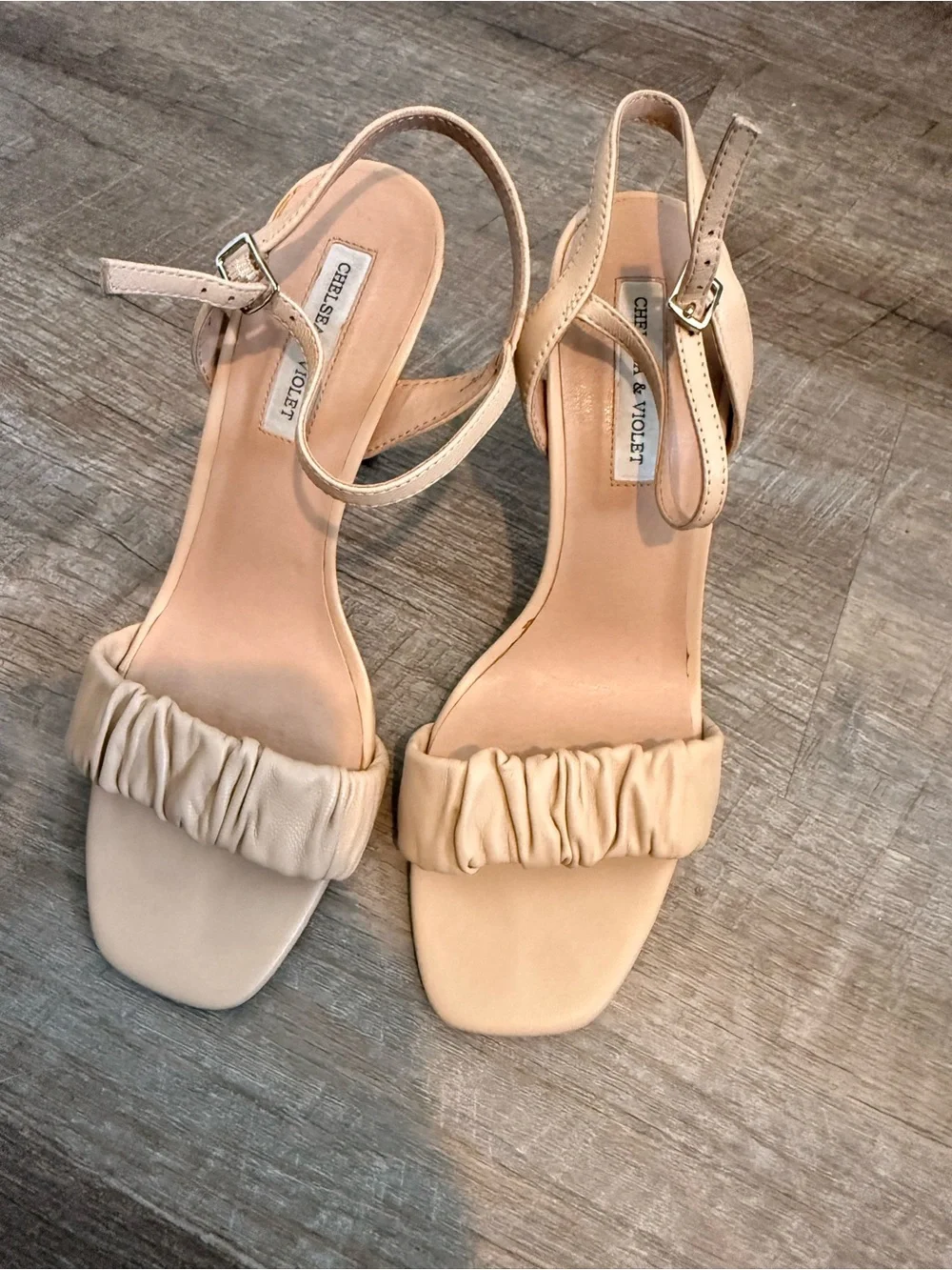 Chelsea & Violet Nude Tan Ruched Front Ankle Strap High Heel Sandal